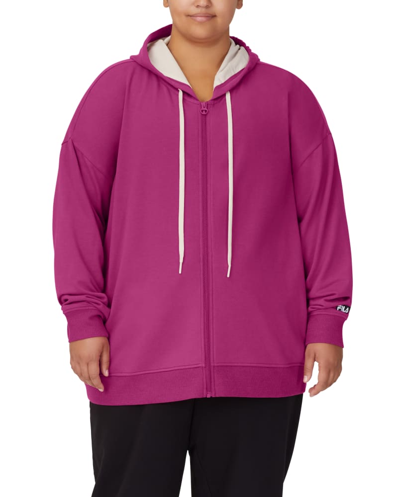 Front of a model wearing a size 1X Harmony Hooded Jacket in Fuchsia by FILA. | dia_product_style_image_id:252635